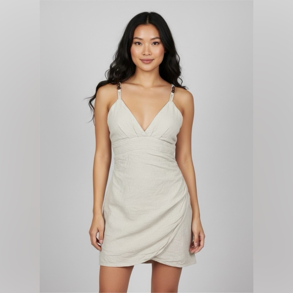 Zara Linen V-Neck Wrap Mini Dress in Beige Sz S
